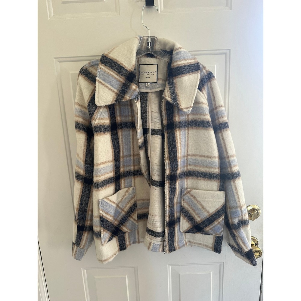 Bagatelle Collection Plaid Zip Front Shirt Jacket Cream Blue Tan XL Shacket